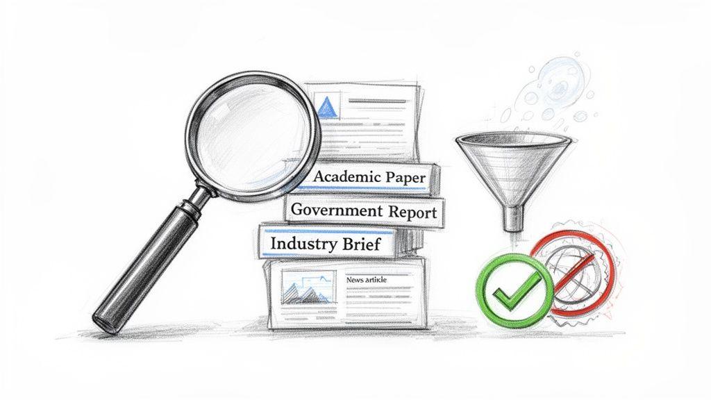 Research process visualization with magnifying glass, document stack, funnel, and validation icons.