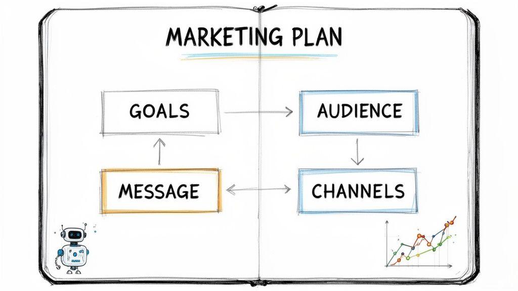 A diagram illustrating the interconnected components of a marketing plan: goals, audience, message, and channels.