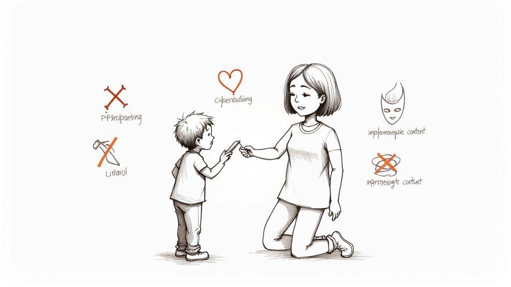 A mother hands a smartphone to her child, surrounded by symbols representing online safety concerns like cyberbullying and inappropriate content.
