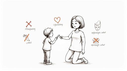 A mother hands a smartphone to her child, surrounded by symbols representing online safety concerns like cyberbullying and inappropriate content.