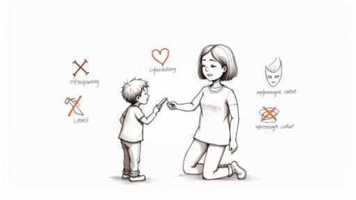A mother hands a smartphone to her child, surrounded by symbols representing online safety concerns like cyberbullying and inappropriate content.
