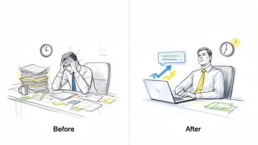 Illustration showing a stressed businessman before and a calm, productive businessman after using an AI assistant.