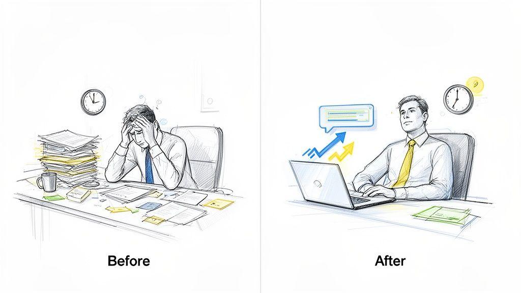 Illustration showing a stressed businessman before and a calm, productive businessman after using an AI assistant.