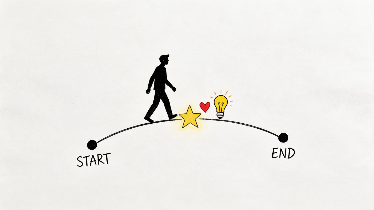 A silhouette of a person walking along a curved line from start to end with icons.