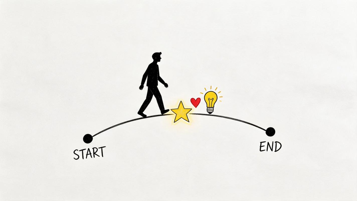 A silhouette of a person walking along a curved line from start to end with icons.