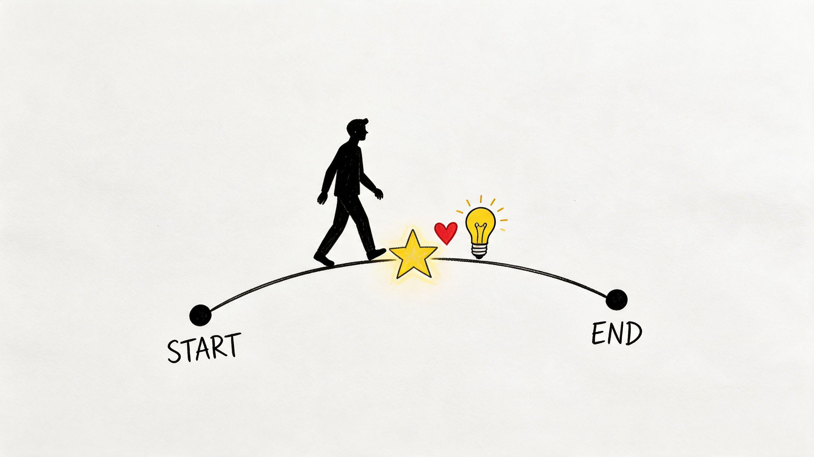 A silhouette of a person walking along a curved line from start to end with icons.