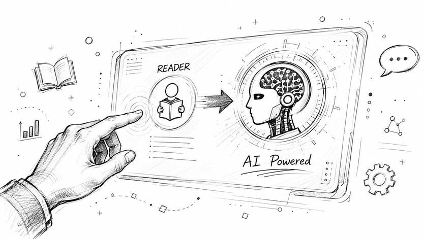A hand touches a digital tablet screen displaying a reader concept transforming into an AI powered intelligence.
