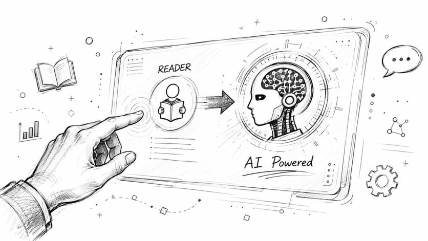 A hand touches a digital tablet screen displaying a reader concept transforming into an AI powered intelligence.