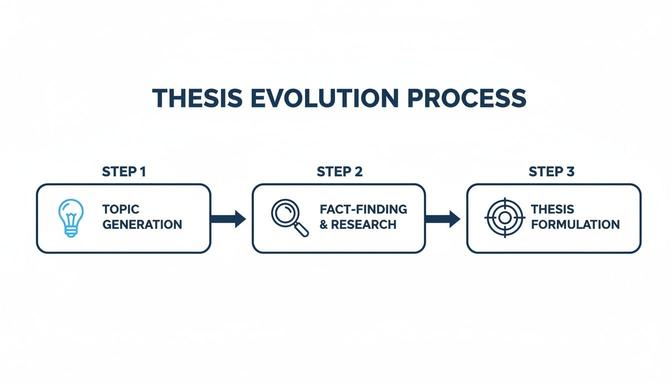 A three-step process diagram illustrating thesis evolution: topic generation, fact-finding and research, and thesis formulation.