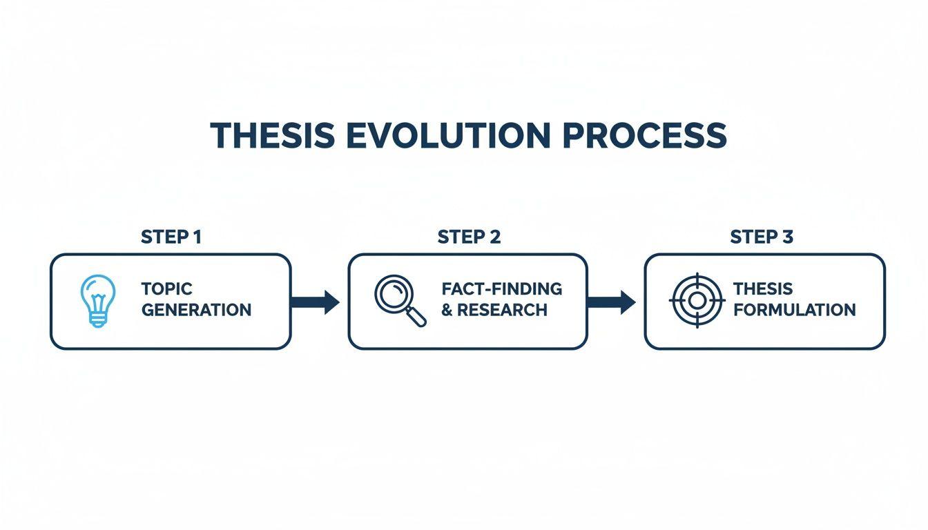 A three-step process diagram illustrating thesis evolution: topic generation, fact-finding and research, and thesis formulation.