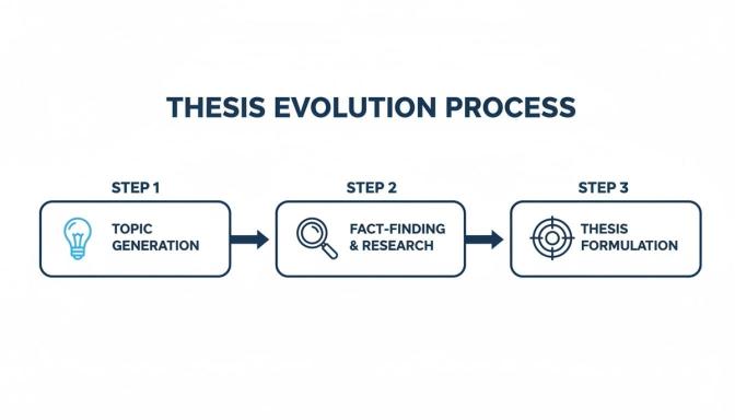 A three-step process diagram illustrating thesis evolution: topic generation, fact-finding and research, and thesis formulation.