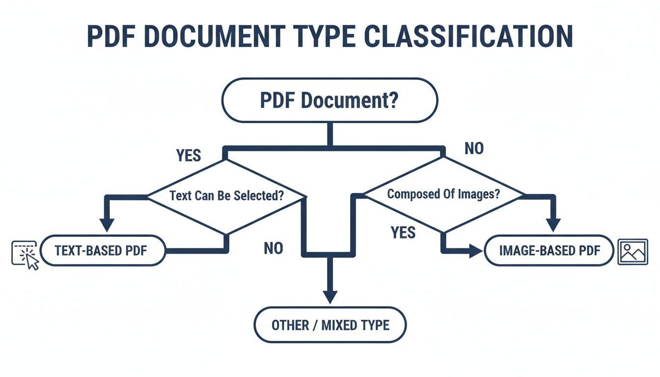A flowchart detailing PDF document type classification into text-based, image-based, or mixed types.