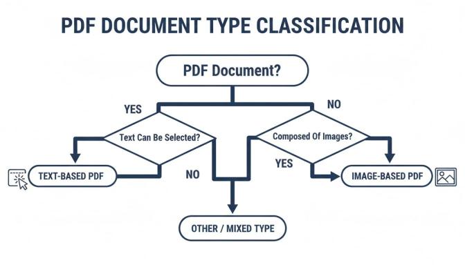 A flowchart detailing PDF document type classification into text-based, image-based, or mixed types.