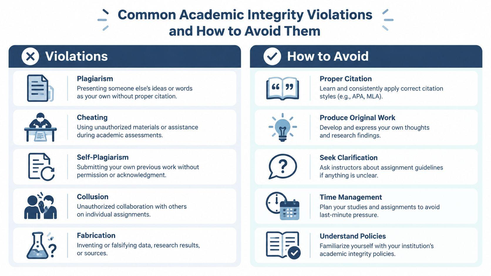 A visual guide outlining common academic integrity violations like plagiarism and cheating alongside strategies to avoid them.