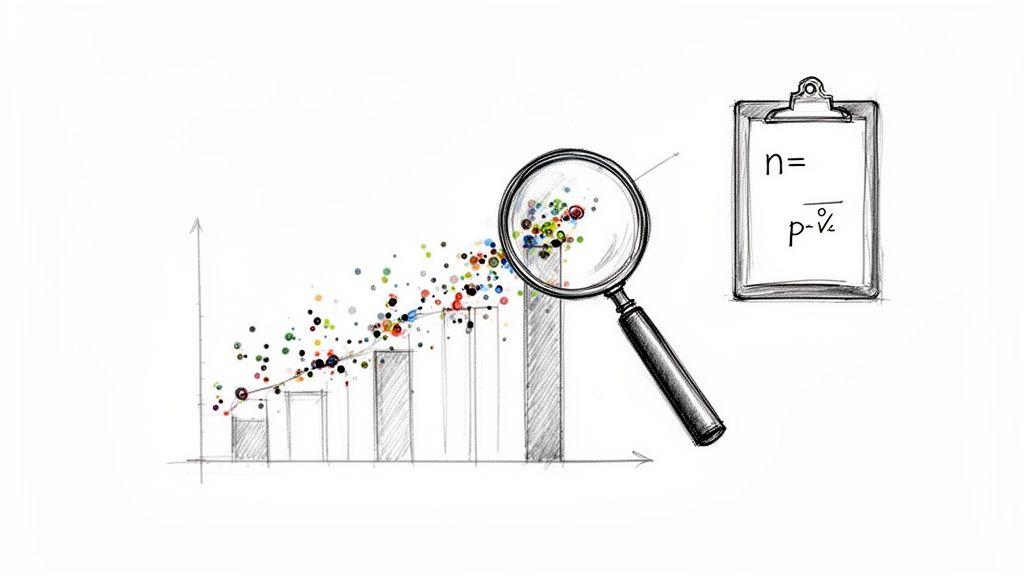 Hand-drawn graph with rising trend, colorful data points, magnifying glass, and a research formula.