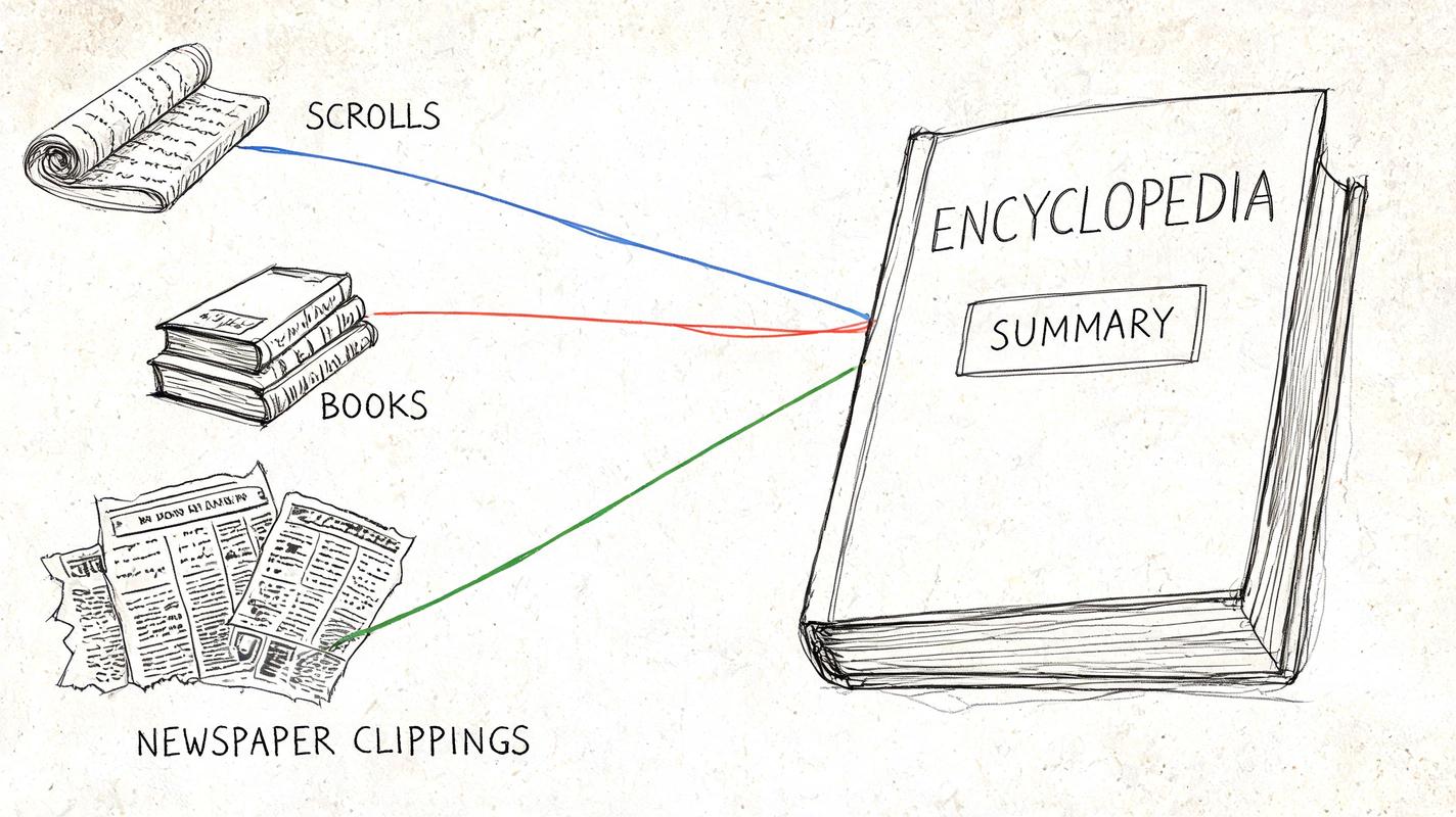 A hand-drawn illustration depicting scrolls, books, and newspaper clippings merging into an encyclopedia summary.