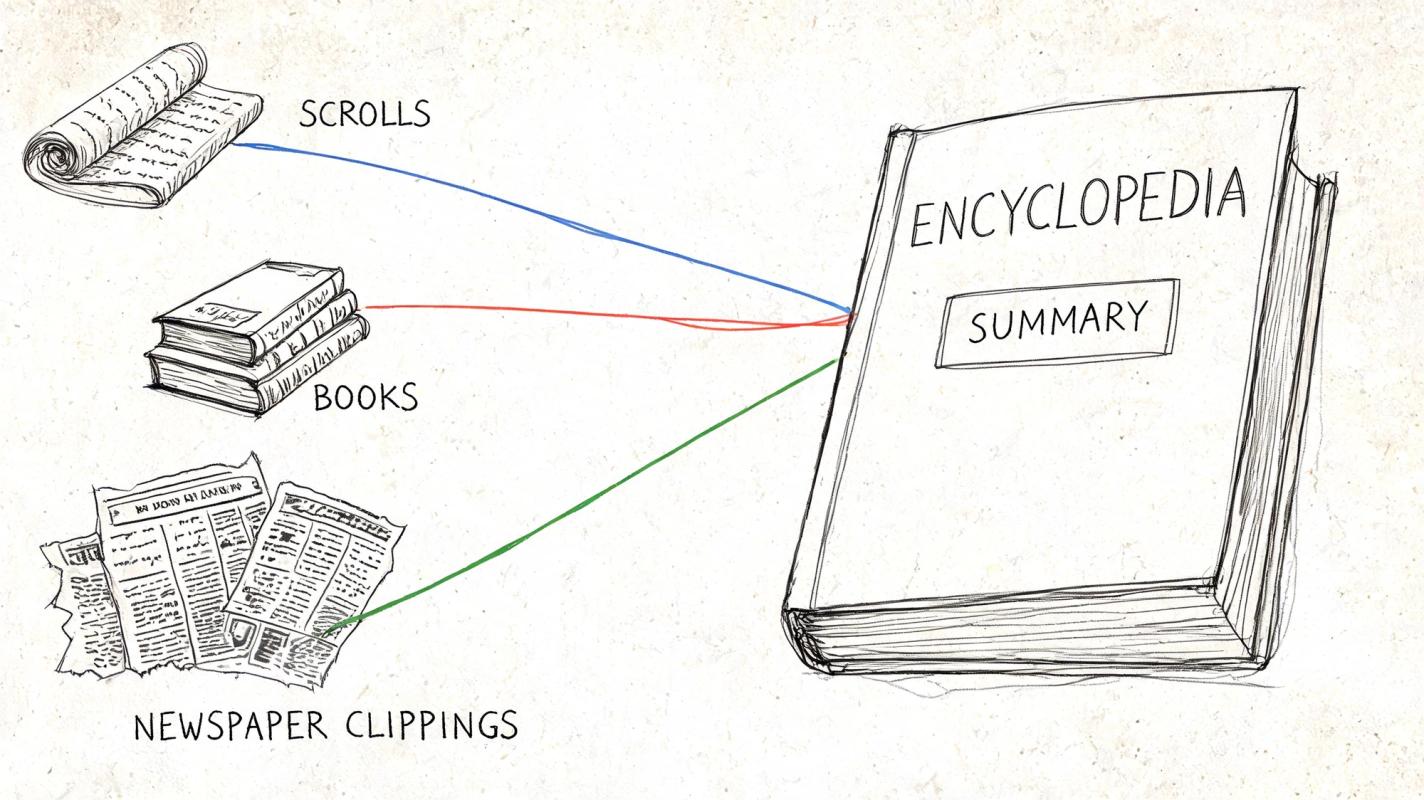 A hand-drawn illustration depicting scrolls, books, and newspaper clippings merging into an encyclopedia summary.