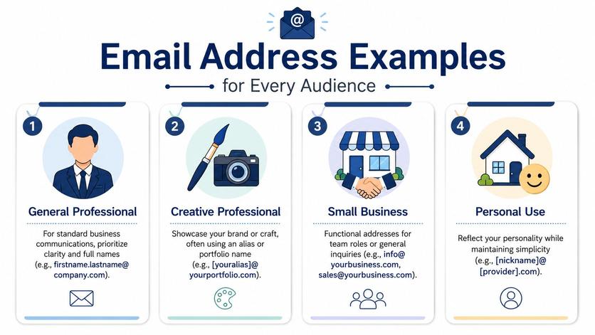An infographic displaying four types of email addresses for professional, creative, small business, and personal usage scenarios.
