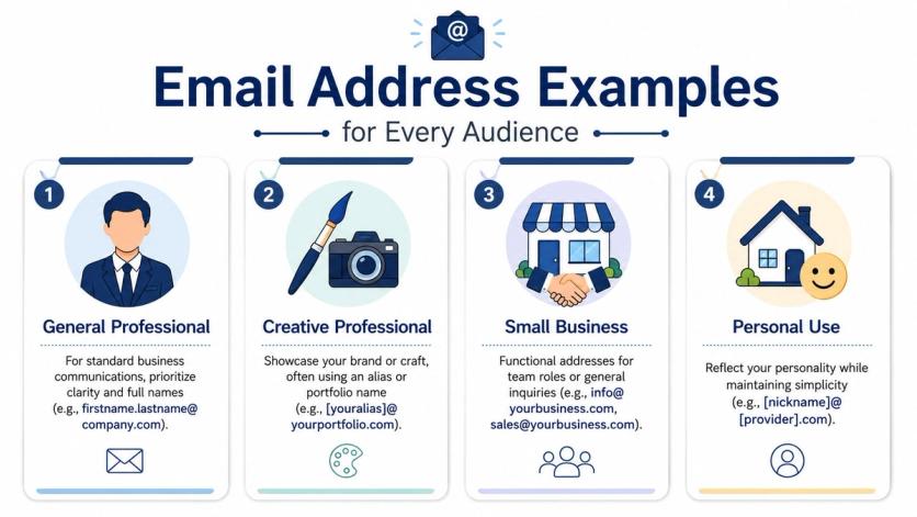 An infographic displaying four types of email addresses for professional, creative, small business, and personal usage scenarios.
