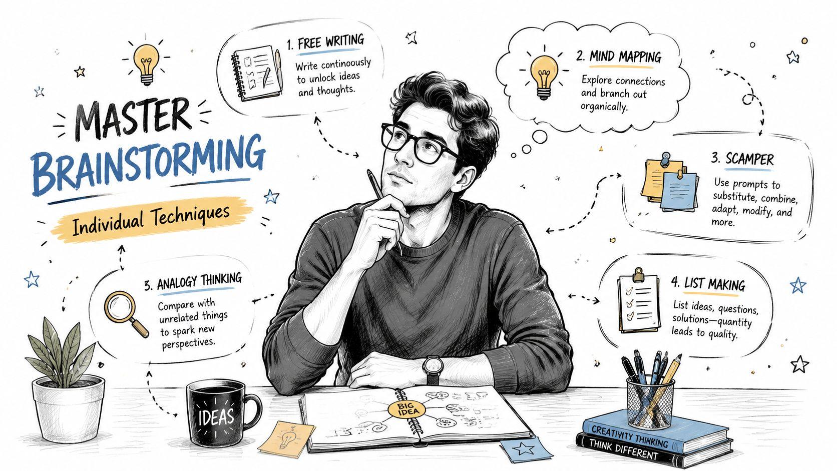A creative illustration depicting a man brainstorming with various individual ideation techniques like mind mapping and free writing.