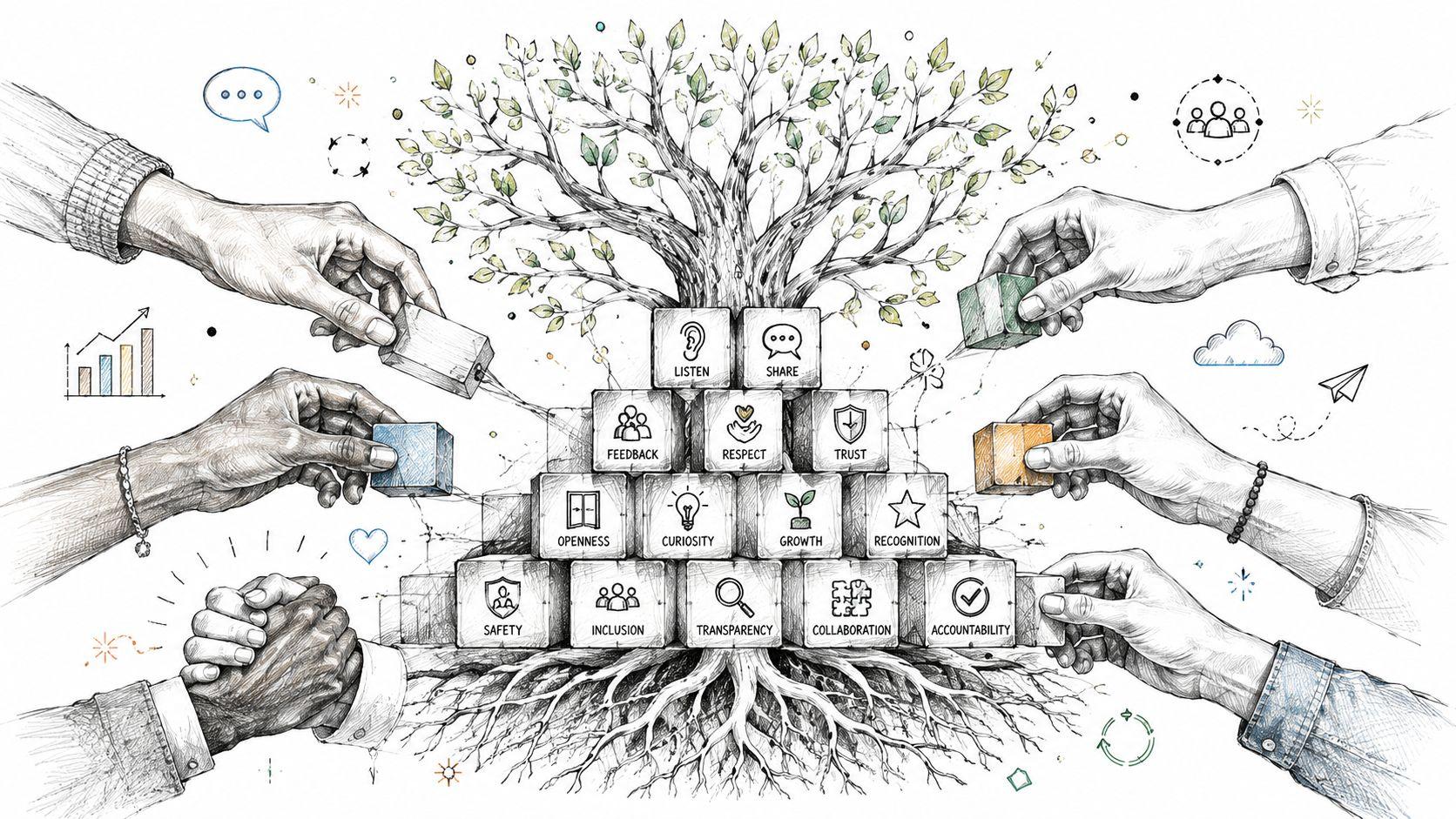 A hand-drawn illustration of hands building a pyramid of blocks featuring corporate values under a tree.