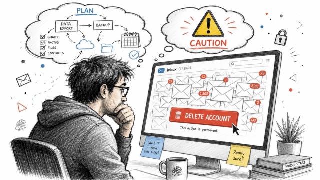 A person contemplating deleting their email account while surrounded by digital clutter and planning symbols.