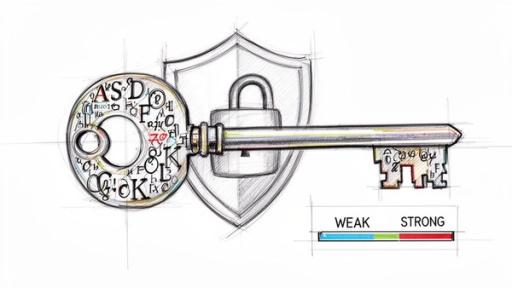 A sketched key with alphanumeric symbols, a padlock, shield, and a 'weak to strong' password meter.