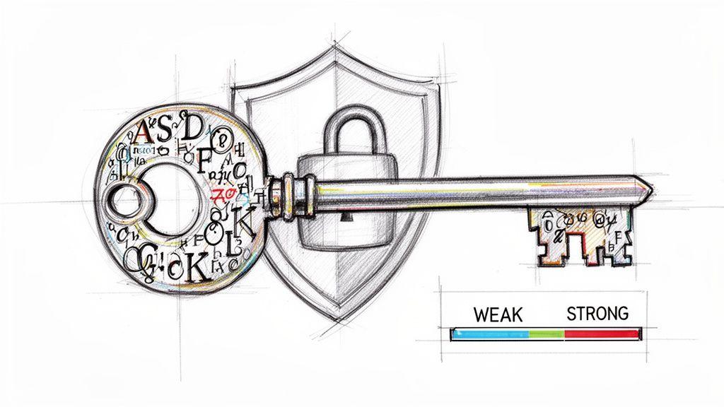 A sketched key with alphanumeric symbols, a padlock, shield, and a 'weak to strong' password meter.