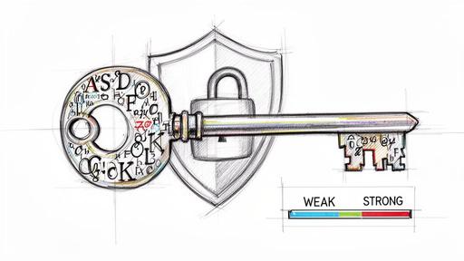 A sketched key with alphanumeric symbols, a padlock, shield, and a 'weak to strong' password meter.