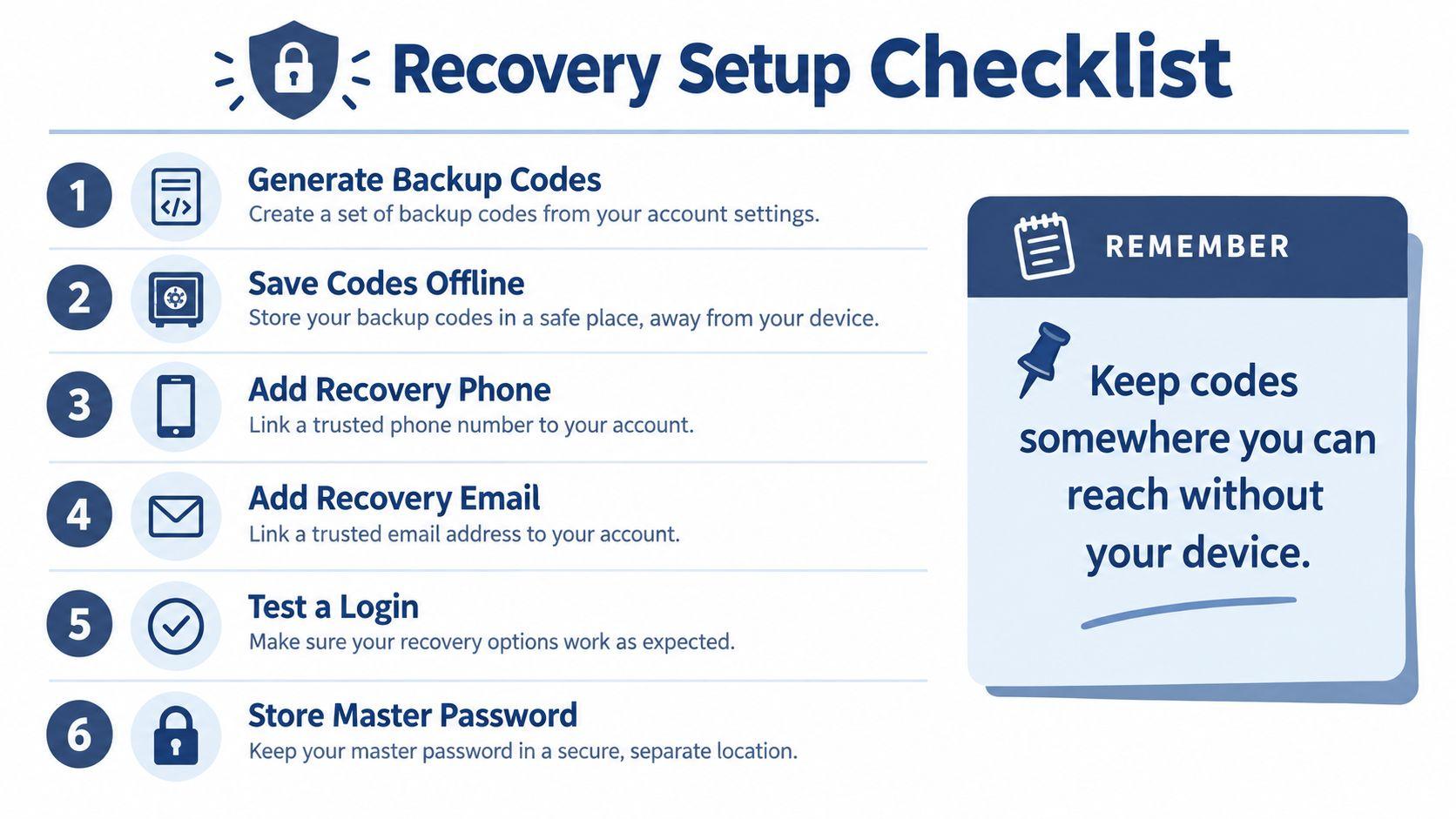 A six-step infographic checklist guiding users through setting up account recovery options and security measures.