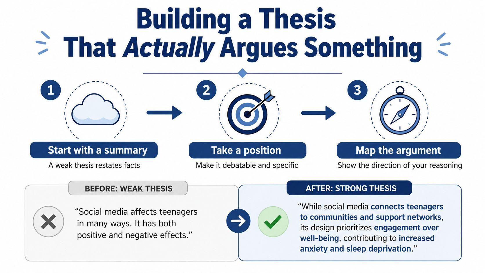 An educational infographic showing a three-step process for building a strong, argumentative essay thesis statement.