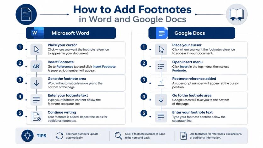 An infographic showing step-by-step instructions on how to insert footnotes in Microsoft Word and Google Docs.