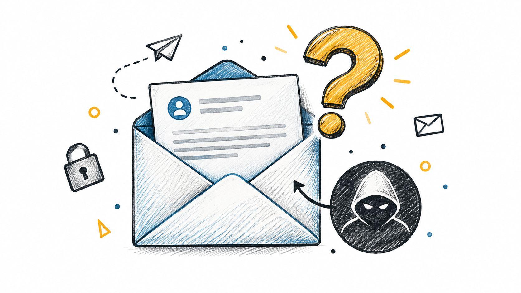A hand-drawn illustration depicting a secure email envelope with a hacker icon and a question mark.