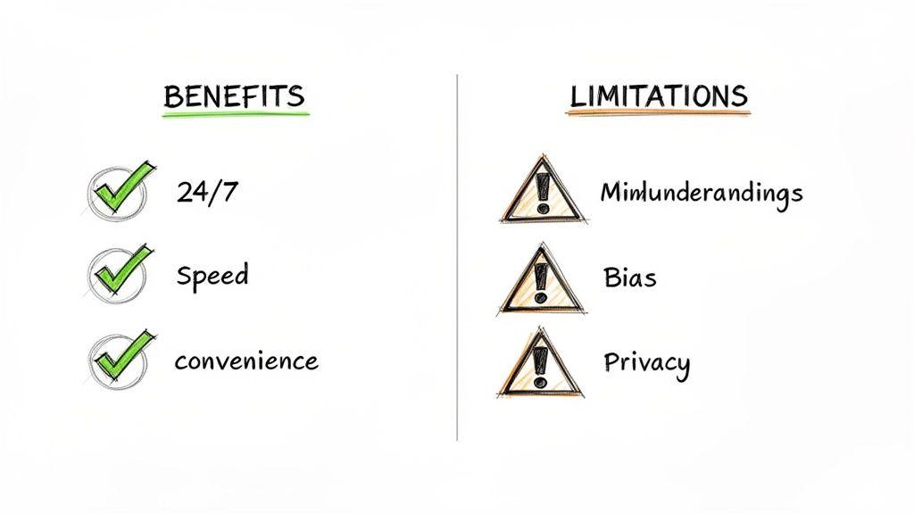 A whiteboard compares benefits (24/7, speed, convenience) with limitations (misunderstandings, bias, privacy) in two columns.
