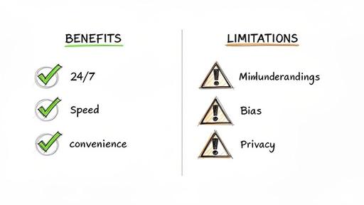 A whiteboard compares benefits (24/7, speed, convenience) with limitations (misunderstandings, bias, privacy) in two columns.