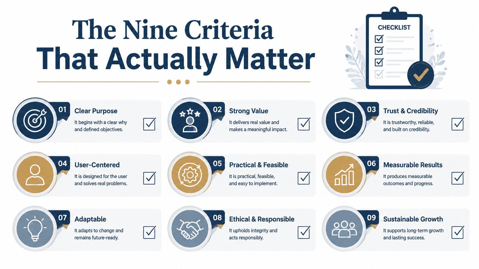 A checklist graphic displaying nine essential criteria for success, including clear purpose, strong value, and sustainable growth.