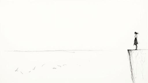 A minimalist sketch depicts a person standing on a cliff edge, looking towards a vast, empty horizon.