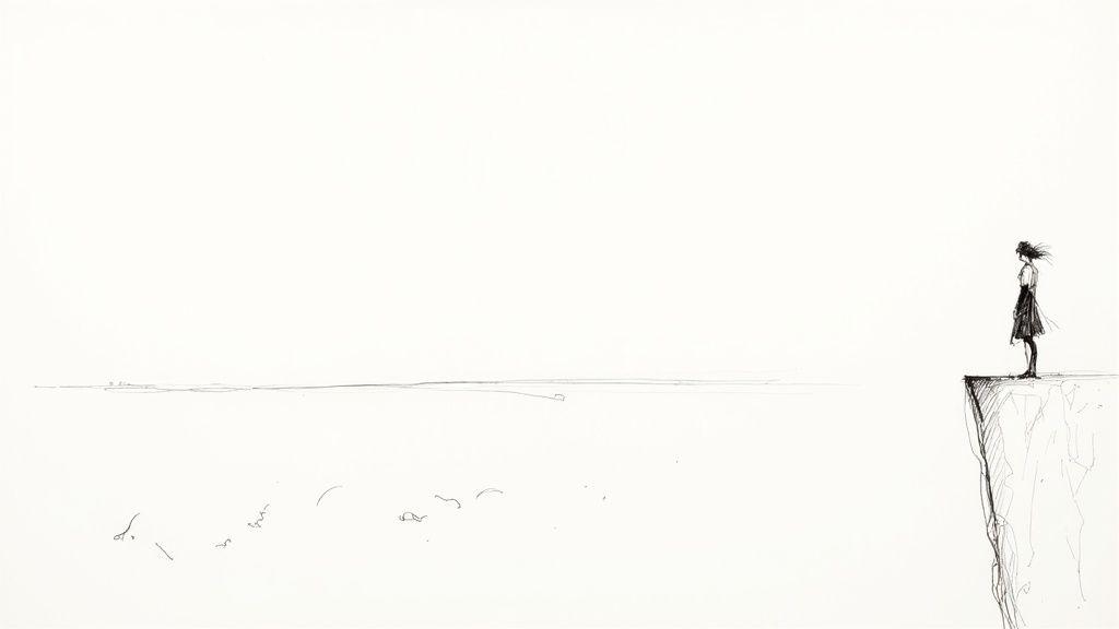 A minimalist sketch depicts a person standing on a cliff edge, looking towards a vast, empty horizon.