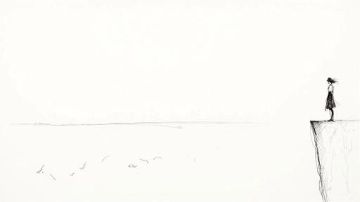 A minimalist sketch depicts a person standing on a cliff edge, looking towards a vast, empty horizon.