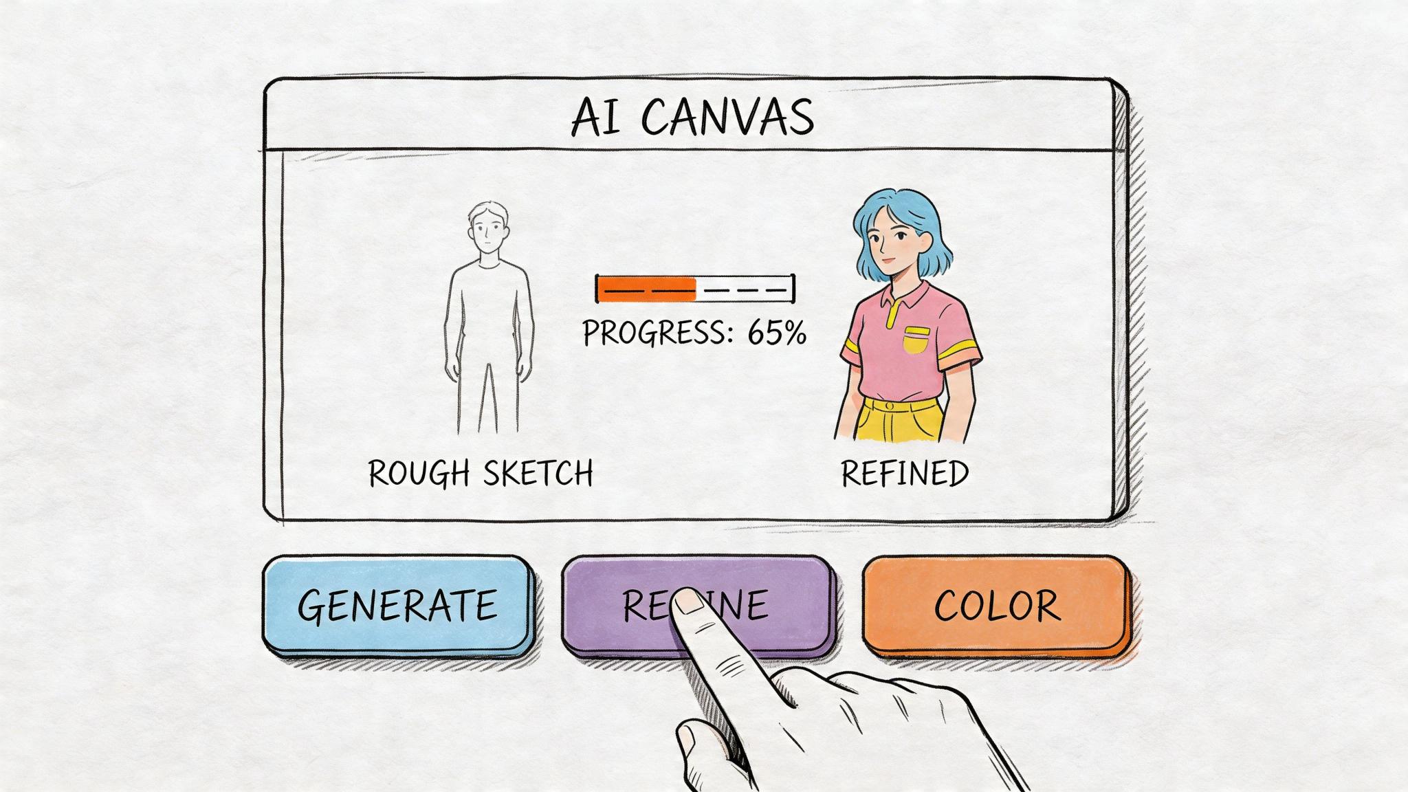 A hand pressing a refine button on a digital AI drawing interface showing a sketch transforming.