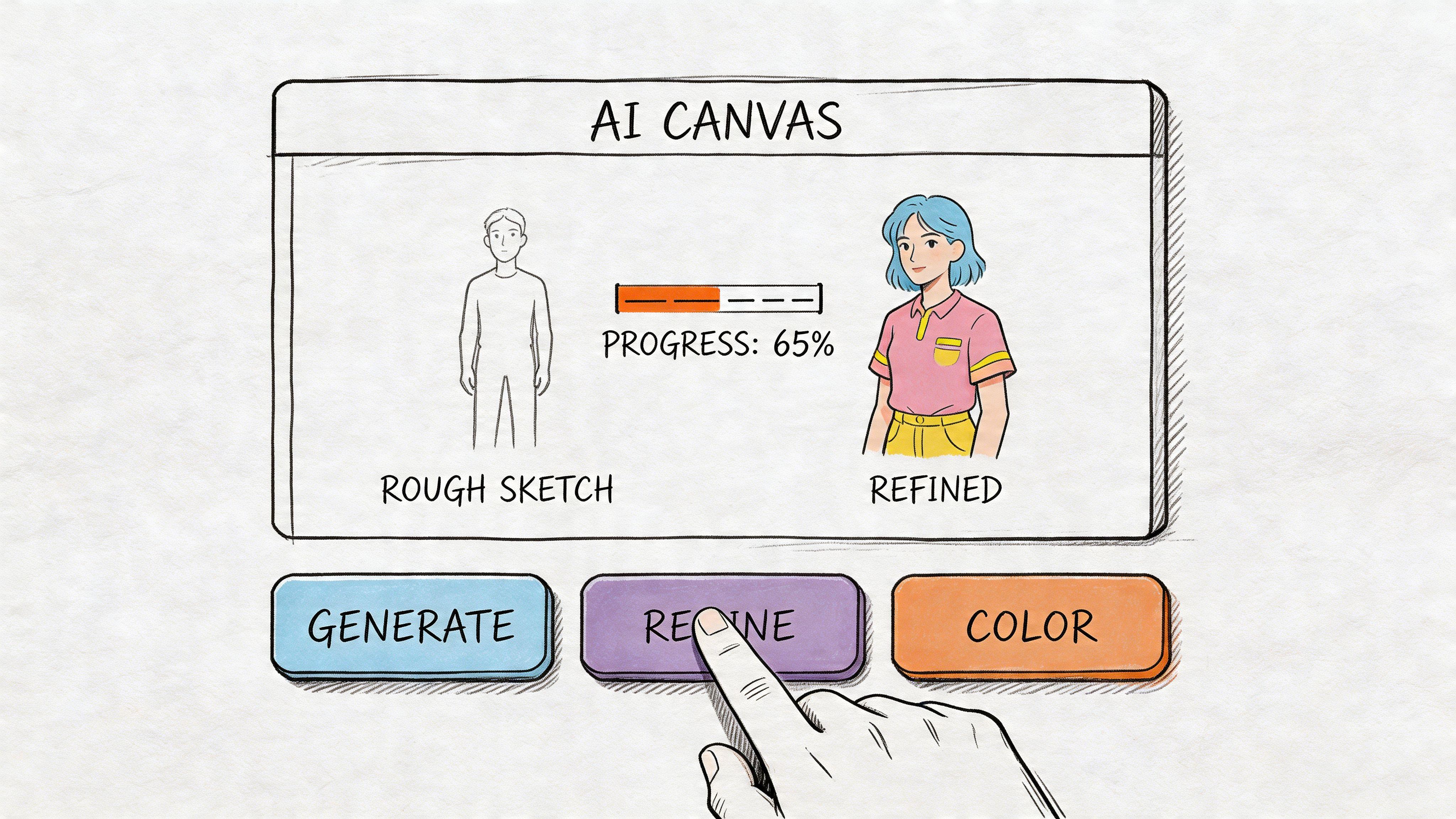 A hand pressing a refine button on a digital AI drawing interface showing a sketch transforming.
