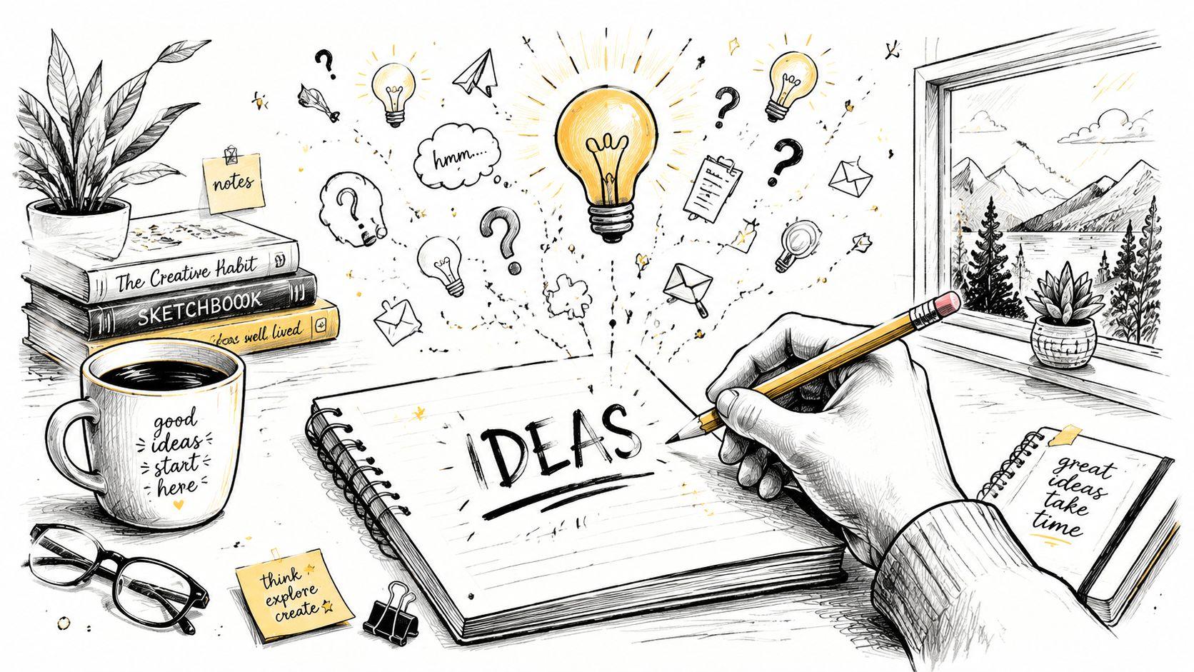 A hand drawing the word IDEAS in a notebook surrounded by creative objects on a desk.