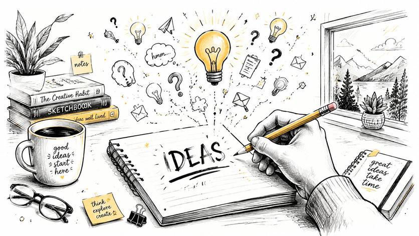 A hand drawing the word IDEAS in a notebook surrounded by creative objects on a desk.