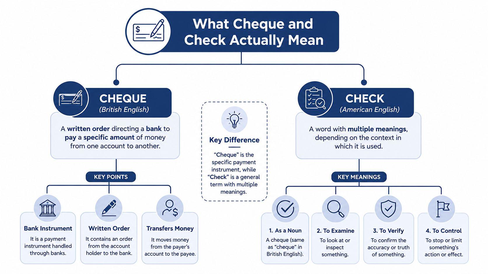 An infographic explaining the differences between the spellings and definitions of cheque and check in English.