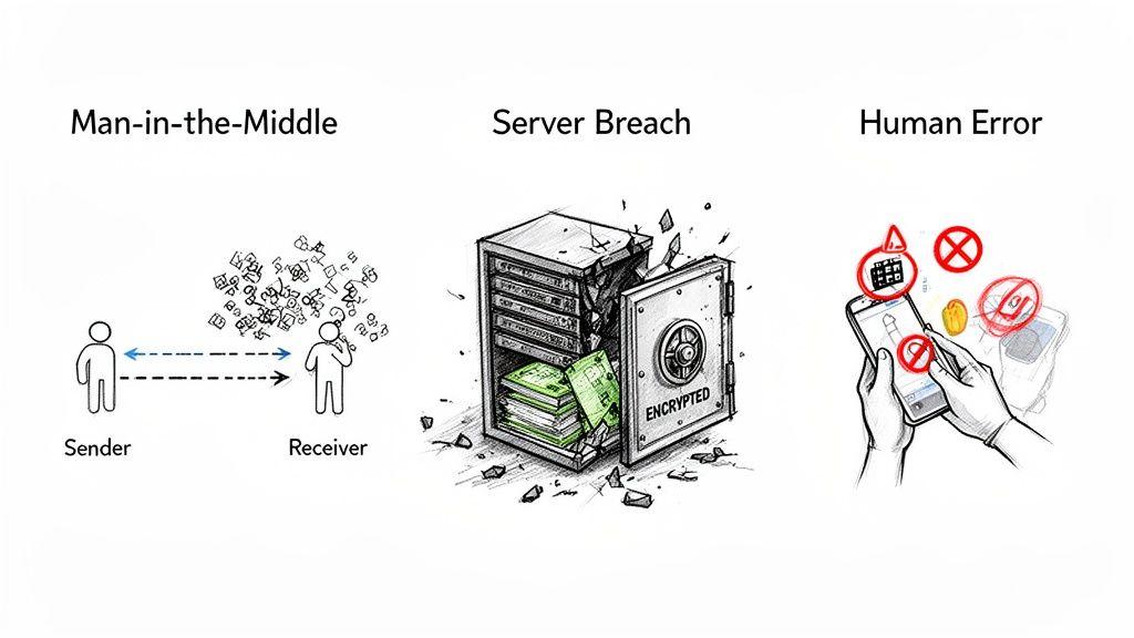 Sketches illustrating three common cybersecurity threats: Man-in-the-Middle, Server Breach, and Human Error.