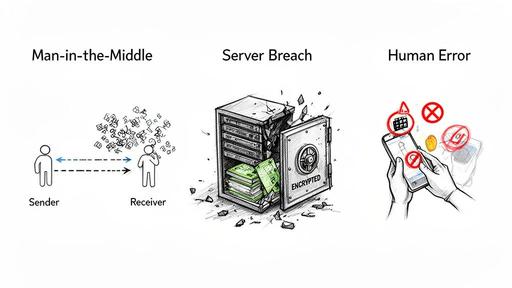 Sketches illustrating three common cybersecurity threats: Man-in-the-Middle, Server Breach, and Human Error.