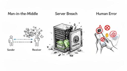 Sketches illustrating three common cybersecurity threats: Man-in-the-Middle, Server Breach, and Human Error.