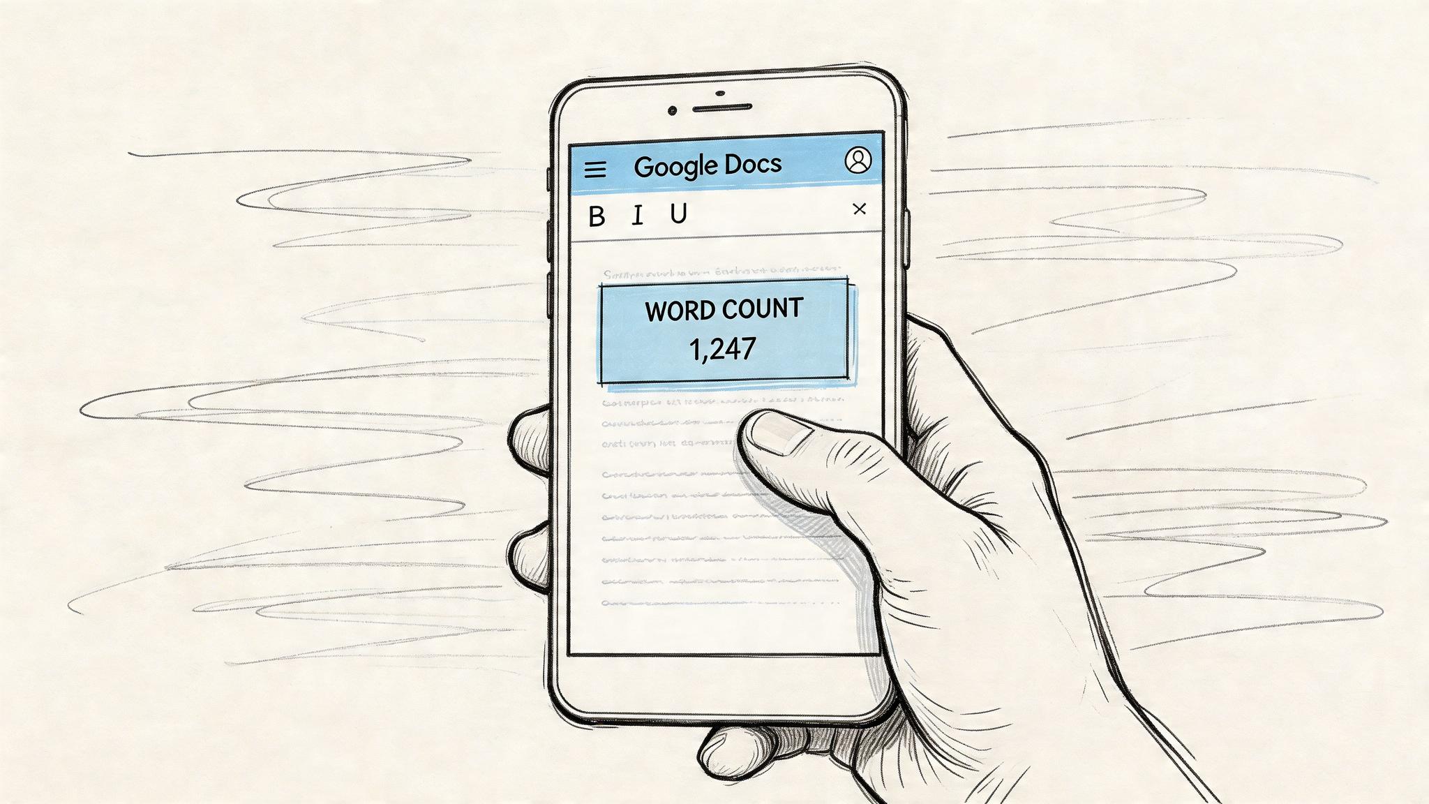 A hand holding a smartphone displaying a Google Docs interface showing a word count of 1,247.