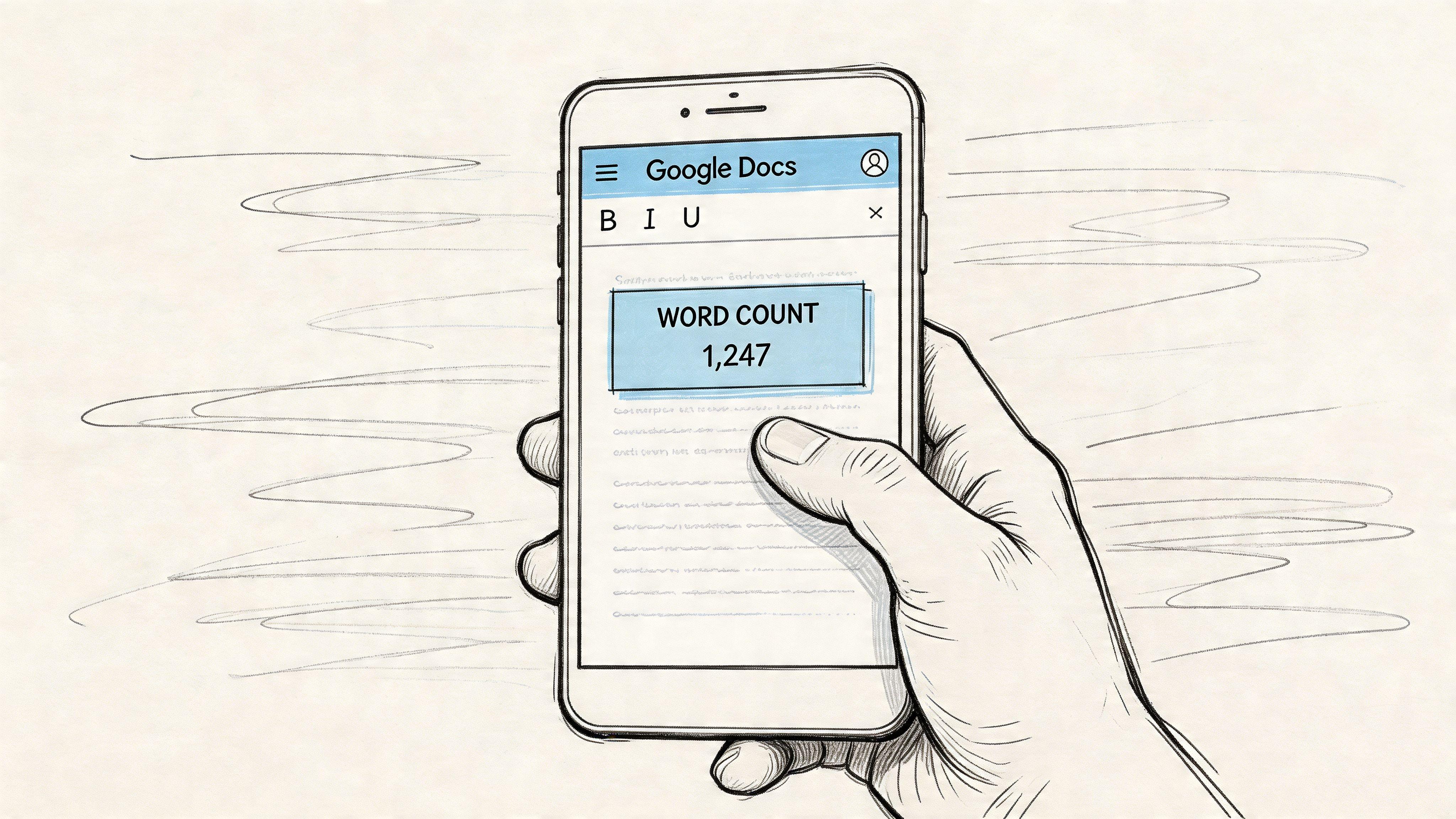 A hand holding a smartphone displaying a Google Docs interface showing a word count of 1,247.