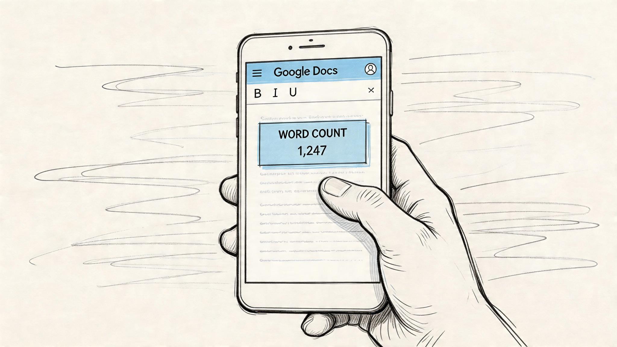 A hand holding a smartphone displaying a Google Docs interface showing a word count of 1,247.